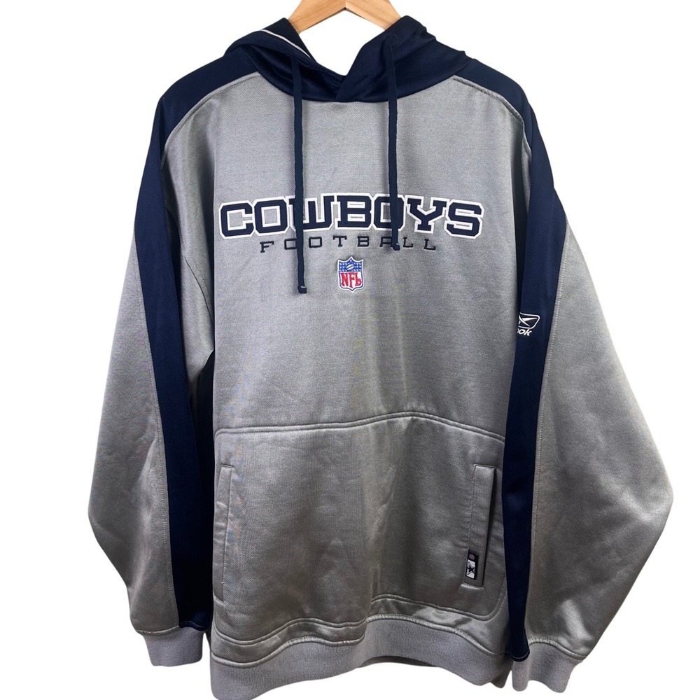 VTG Reebok NFL Sideline Cowboys Football Heavy Gray Blue Hoodie Star Hit XL